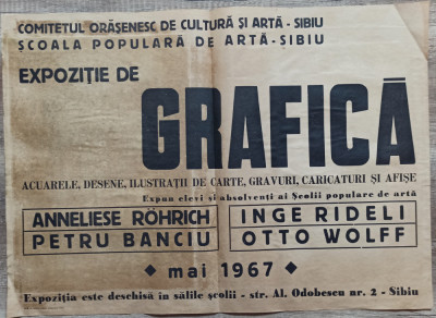 Afis Expozitie de Grafica Scoala Populara de Arta Sibiu 1967 foto