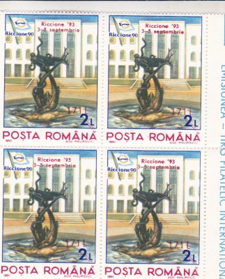 1993 LP 1323 EXPOZITIA FILATELICA RICCIONE SUPRATIPAR BLOC DE 4 TIMBRE MNH foto