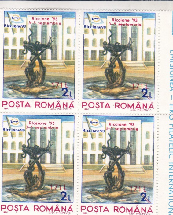 1993 LP 1323 EXPOZITIA FILATELICA RICCIONE SUPRATIPAR BLOC DE 4 TIMBRE MNH