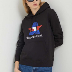 Tommy Jeans hanorac de bumbac femei, culoarea negru, cu glugă, cu imprimeu