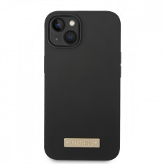 Husa de protectie telefon Guess pentru iPhone 14 Plus, Metal Logo, MagSafe, Silicon lichid, Negru