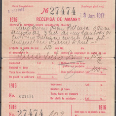 ROMANIA CASE DE AMANET RECIPISA AMANET MUNTELE DE PIETATE BUCURESTI 3 OCT.1916