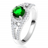 Inel - argint 925, zirconiu rotund, verde, linii rotunjite, ştrasuri transparente - Marime inel: 54