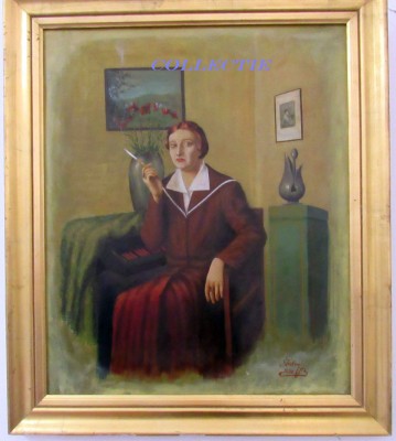 TROFEO Vittorio 1990, Tablou 70 x 60 cm, pictura in ulei, Doamna fumand foto