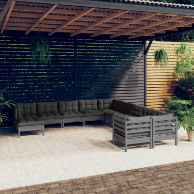 vidaXL Set mobilier grădină cu perne, 11 piese, gri, lemn de pin foto