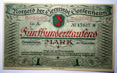 190 GERMANIA GONZENHEIM NOTGELD 500000 MARK 1923 AUNC SR. 637 foto