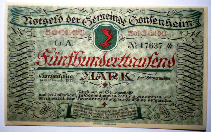 190 GERMANIA GONZENHEIM NOTGELD 500000 MARK 1923 AUNC SR. 637
