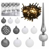 VidaXL Set globuri Crăciun cu v&acirc;rf &amp; 150 LED-uri 61 piese alb &amp; gri