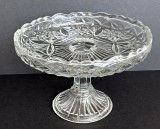 Fructiera vintage de sticla transparenta cu picior, ornamente geometrice, motiv solar anii 70