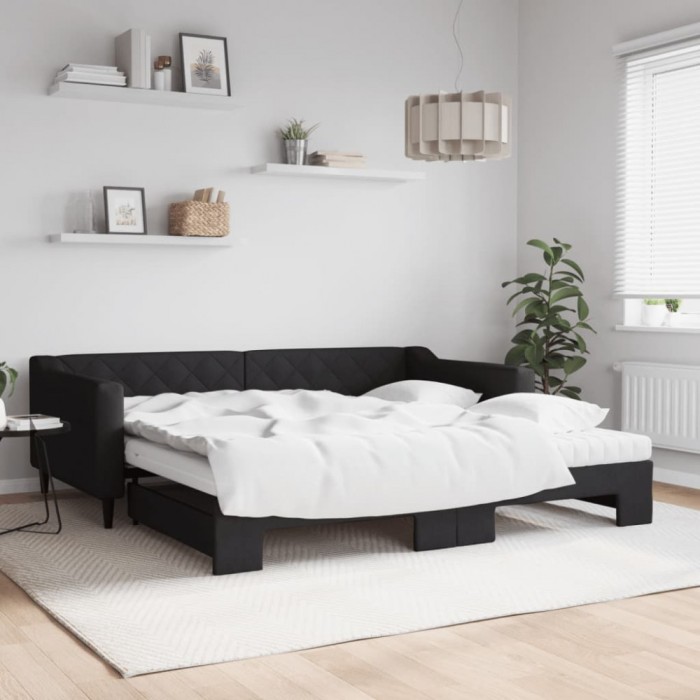 vidaXL Pat de zi cu extensie și saltele, negru, 100x200 cm, textil 3197451