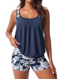 Set Tankini Sportiv cu Textură, Bluza cu Print și Chiloți cu Talie &Icirc;naltă