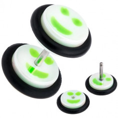 Plug fals pentru ureche, din acrilic, smiley cu alb şi verde