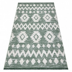 Covor ECO SISAL BOHO MOROC Etno Zig zag 22319 franjuri - două niveluri de lână verde / cremă, covor reciclat, 155x220 cm