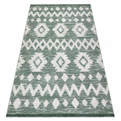 Covor ECO SISAL BOHO MOROC Etno Zig zag 22319 franjuri - două niveluri de l&amp;acirc;nă verde / cremă, covor reciclat, 136x190 cm foto