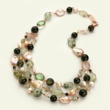 Cumpara ieftin Colier argint 925 placat aur roz, obsidian, cuarț rutilat verde și perle cultura Diva, 57-64cm, Made in Italy