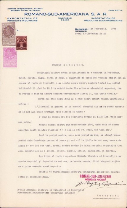 A2083 Act cu antet Rom&acirc;no-Sud-Americana S.A.R., 1936