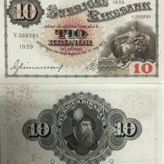 SUEDIA █ bancnota █ 10 Kronor █ 1939 █ P-34v █ UNC necirculata