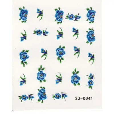 Modele transfer nail art - flori albastre, frunze foto