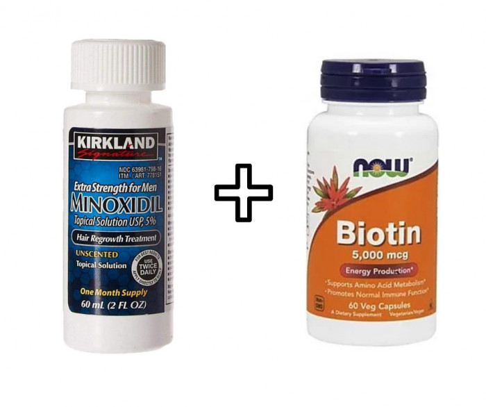 Minoxidil Kirkland 5% + Biotin 5000 mcg, 60 capsule, Tratament pentru barba/par