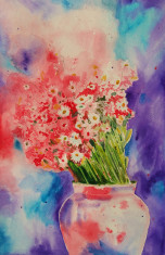 Acuarela neinramata vaza cu flori - tablouri tablou picturi grafica desen foto