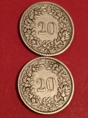 Lot 2 monede Elvetia: 20 rappen 1900 + 1901, T=1.000.000, stari EF/EF+ [poze]. Discount conform descriere [10 - 20 %. Vezi descrierea.].