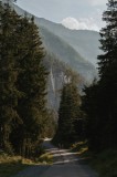 Tablou Canvas, "Peisaj montan cu drum pitoresc", Pădure, Munte, Drum, Bicicliști, Umbră, Natură, V&acirc;rf, Copaci, Raze, Tranquilitate, 26 x 39 cm, CMCLAS