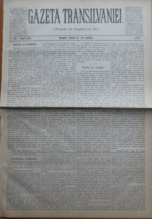 Gazeta Transilvaniei , Numer de Dumineca , Brasov , nr. 84 , 1907