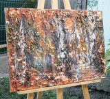 Cumpara ieftin Tablou impasto pictat manual, Mesteceni in culori calde de toamna, 70x50cm acril pe panza in relief efect 3D, Kenny Varniote