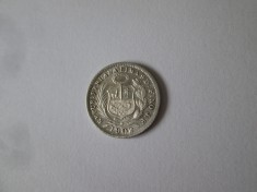 Rara! Peru 1/2 Dinero J1902 aUNC argint 900 cu patina frumoasa,surplus cifra 2