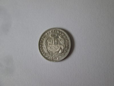 Rara! Peru 1/2 Dinero J1902 aUNC argint 900 cu patina frumoasa,surplus cifra 2 foto