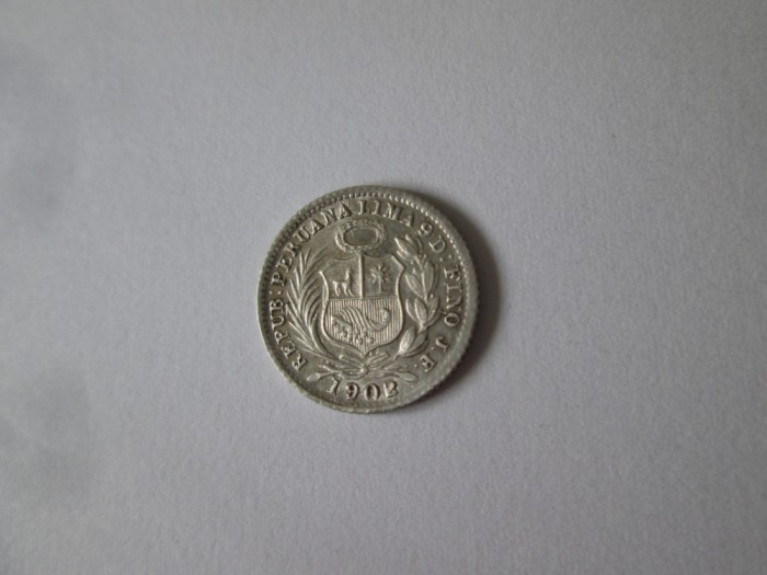 Rara! Peru 1/2 Dinero J1902 aUNC argint 900 cu patina frumoasa,surplus cifra 2