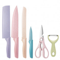 Set 6 Cutite de Bucatarie, Lame Ascutite, Foarfeca, Decojitor Fruncte/Legume, Maner Ergonomic, Antiaderent, pentru Feliere, Taiat Carne, Otel Inoxidab