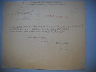 HOPCT DOCUMENT VECHI 368 MINISTERUL INDUSTRIEI COMERT EXTERIOR /BUCURESTI 1936 foto