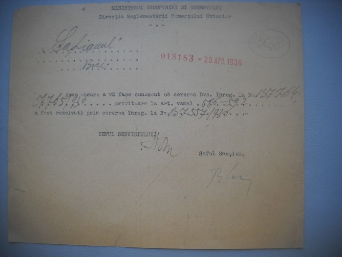 HOPCT DOCUMENT VECHI 368 MINISTERUL INDUSTRIEI COMERT EXTERIOR /BUCURESTI 1936