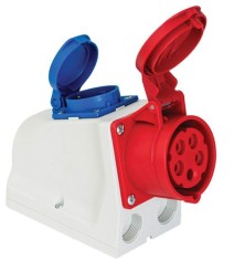 Priza trifazica aplicata 5 poli 3P+N+E 16A cu priza monofazica schuko 16A IP44 cablata in interior