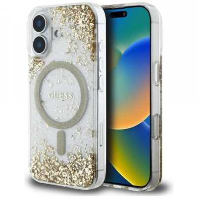 Husa MagSafe pentru Apple iPhone 16, Guess, Resin Bottom Glitter, Aurie foto
