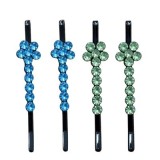 Cumpara ieftin Set 4 clame par bleu si verde deschis 5 x 1 cm cu pietre artificiale, 2 bleu si 2 verde deschis, model floral, accesorii decorative pentru coafuri