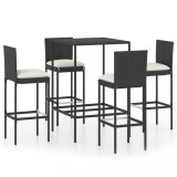 VidaXL Set mobilier bar de grădină cu perne, 5 piese, negru, poliratan