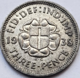 3 pence 1938 Marea Britanie, George VI , argint, km#848, Europa