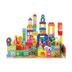 Cuburi din lemn 100 piese - Ferma, 7Toys