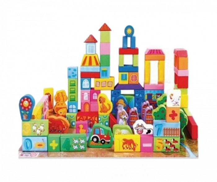 Cuburi din lemn 100 piese - Ferma, 7Toys