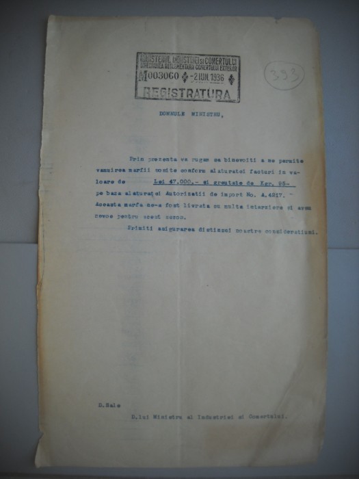 HOPCT DOCUMENT VECHI 393 MINISTERUL INDUSTRIEI COMERT EXTERIOR /BUCURESTI 1936