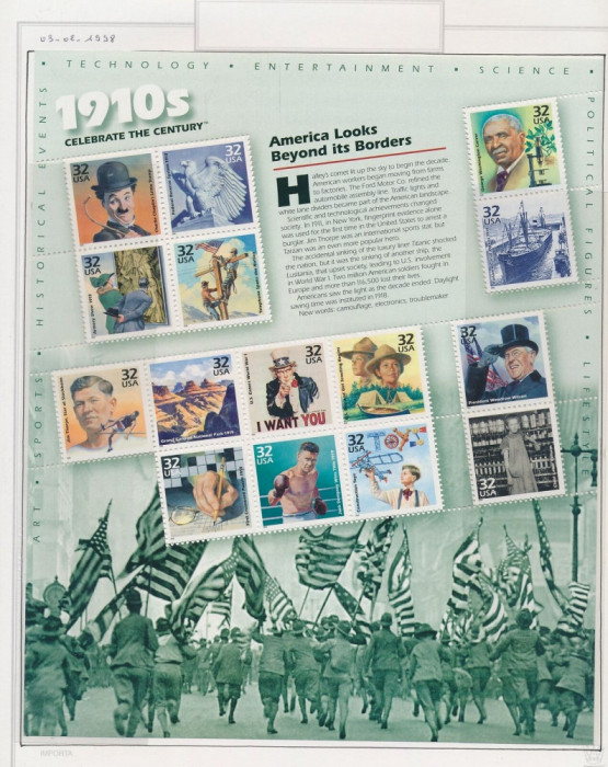 SUA 1998-Bloc ce contine 15 timbre de 32 centi-sarbatorind anul 1910 MNH