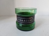 Recipient brocan de sticla verde, fara capac, cu eticheta neagra de imitatie de piele, TABACCO, 11cm inaltime x 11cm diametru