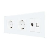 Priza schuko tripla - 2 x priza simpla + 1 x priza TV / internet Luxion LX-2MP010/26/25G-W, incastrat, contact de protectie, rama de sticla inclusa, a