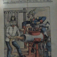 Ziarul Veselia : MAȘINA DE TOCAT OAMENI, WW1 -caricatură, gravură, 1915