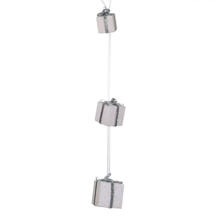 Decoratiuni Suspendabile, Cadouri, Spuma, 3 Bucati, Culoare Alba Irizata, Panglica Argintie, Dimensiuni 6x6x8cm