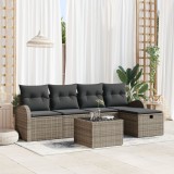 Set canapea gradina 6 piese si perne gri din ratan sintetic, canapea gradina 2 locuri cu storage si perne gri