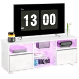 HOMCOM Suport TV 120 cm, suport televizor pentru televizoare de p&acirc;nă la 55 inch cu iluminare LED și telecomandă, rafturi din sticlă alb | Aosom Romani