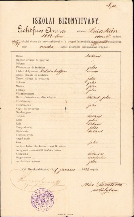 A1833 Certificat școlar, 1897, Oravița